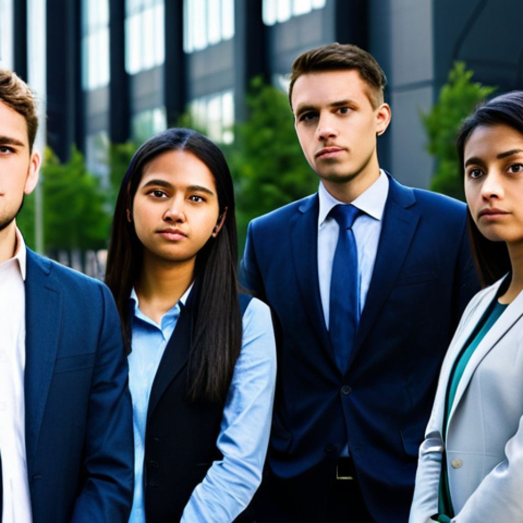 A diverse group of young adults, aged 25-35, both men and women, dressed in modest, professional business casual clothing. They stand thoughtfully in a contemporary urban setting, perhaps a city square or a modern office district. Their expressions are contemplative and resolved, reflecting the quiet desire for better socio-economic prospects and systemic change. The atmosphere is calm and professional, captured with realistic, high-quality photography and natural lighting. perfect anatomy, correct proportions, natural pose, well-formed hands, proper finger count, natural body proportions, fully clothed, appropriate attire, safe for work, appropriate content, professional.
