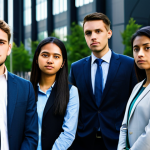 A diverse group of young adults, aged 25-35, both men and women, dressed in modest, professional business casual clothing. They stand thoughtfully in a contemporary urban setting, perhaps a city square or a modern office district. Their expressions are contemplative and resolved, reflecting the quiet desire for better socio-economic prospects and systemic change. The atmosphere is calm and professional, captured with realistic, high-quality photography and natural lighting. perfect anatomy, correct proportions, natural pose, well-formed hands, proper finger count, natural body proportions, fully clothed, appropriate attire, safe for work, appropriate content, professional.