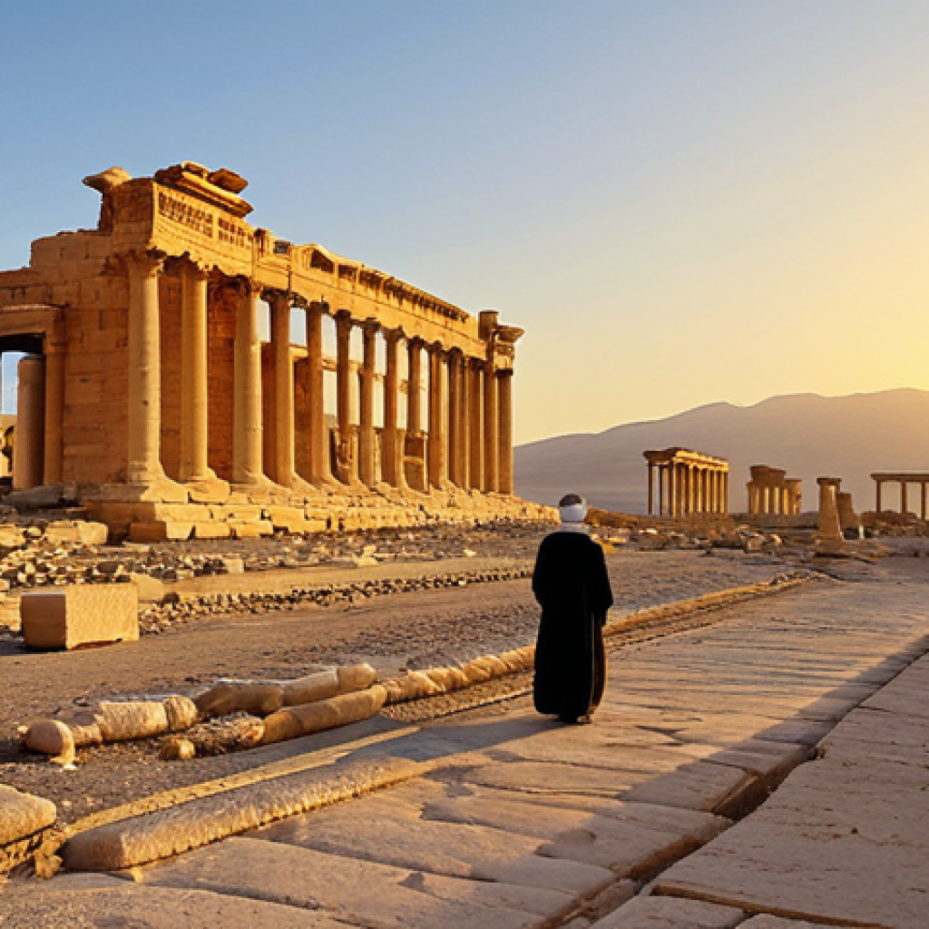 Ancient Palmyra Sunset**

"Majestic ruins of Palmyra at sunset, golden light illuminating the colonnades, a lone figure in traditional Middle Eastern attire admiring the view, fully clothed, appropriate attire, clear sky, distant mountains, safe for work, perfect anatomy, natural proportions, professional photography, high quality, family-friendly."

**