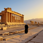 Ancient Palmyra Sunset**

"Majestic ruins of Palmyra at sunset, golden light illuminating the colonnades, a lone figure in traditional Middle Eastern attire admiring the view, fully clothed, appropriate attire, clear sky, distant mountains, safe for work, perfect anatomy, natural proportions, professional photography, high quality, family-friendly."

**
