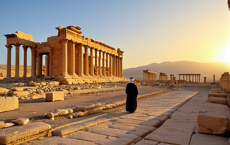 Ancient Palmyra Sunset**
"Majestic ruins of Palmyra at sunset, golden light illuminating the colonnades, a lone figure in traditional Middle Eastern attire admiring the view, fully clothed, appropriate attire, clear sky, distant mountains, safe for work, perfect anatomy, natural proportions, professional photography, high quality, family-friendly."
**