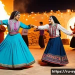 시리아 전통 축제와 행사 - A vibrant traditional Syrian folk dance scene set in a coastal village during a festival, featuring ...