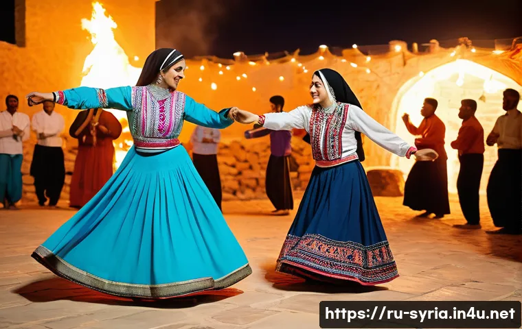 시리아 전통 축제와 행사 - A vibrant traditional Syrian folk dance scene set in a coastal village during a festival, featuring ...