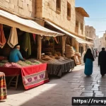 시리아의 역사적 전환점 - A detailed scene depicting a diverse Syrian marketplace from a historical perspective, showcasing a ...