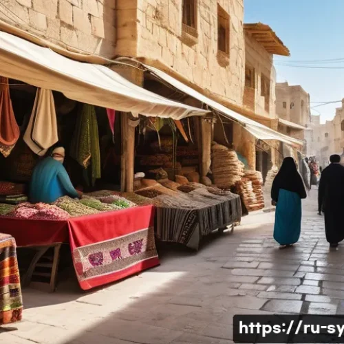 시리아의 역사적 전환점 - A detailed scene depicting a diverse Syrian marketplace from a historical perspective, showcasing a ...