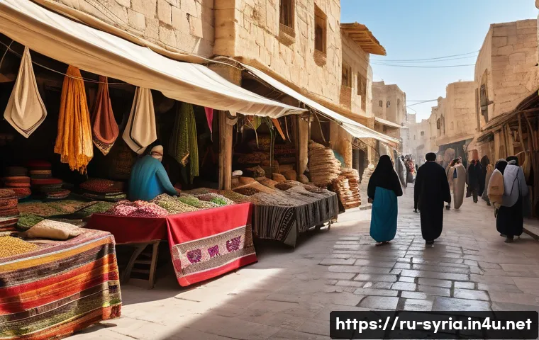 시리아의 역사적 전환점 - A detailed scene depicting a diverse Syrian marketplace from a historical perspective, showcasing a ...