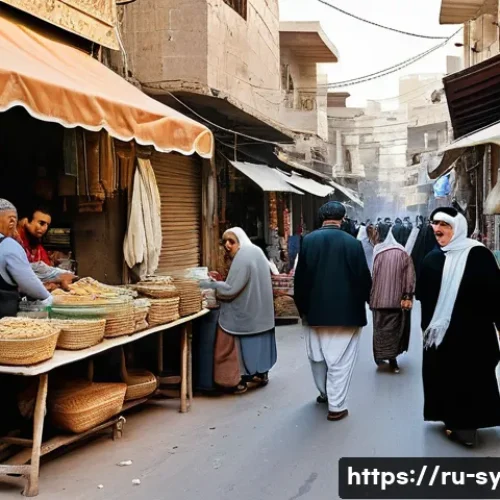 시리아의 현대 경제 상황 - A bustling small business street scene in Damascus, Syria, showing diverse local shop owners&mdash;men and...
