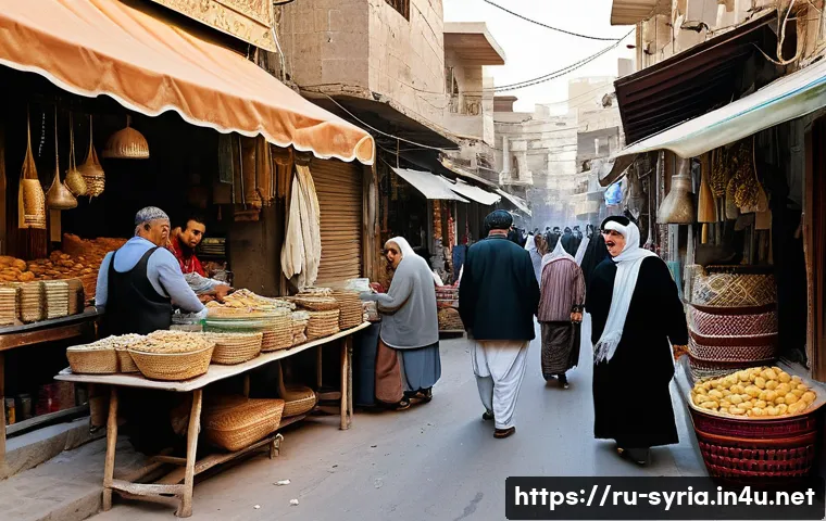 시리아의 현대 경제 상황 - A bustling small business street scene in Damascus, Syria, showing diverse local shop owners—men and...