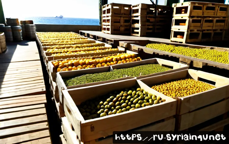 Home 17 시리아의 주요 무역품 - Photorealistic Syrian agricultural export scene, neatly arranged crates of green olives, golden oliv...