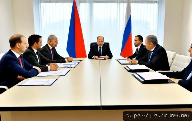시리아와 러시아의 관계 분석 - Photorealistic geopolitical analysis scene, a Russian and Syrian diplomat in formal business attire ...