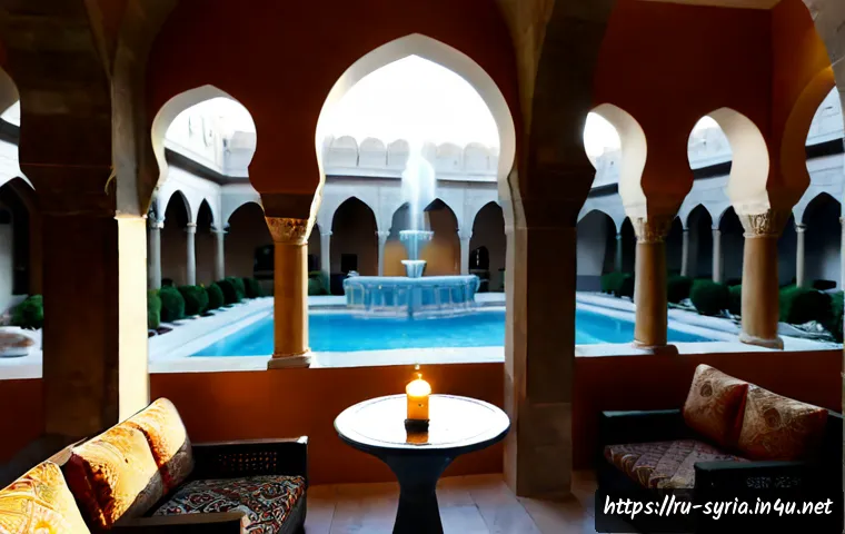 시리아 주요 호텔 추천 - Photorealistic luxury boutique hotel courtyard in Old Damascus, Syria, elegant stone arches, central...